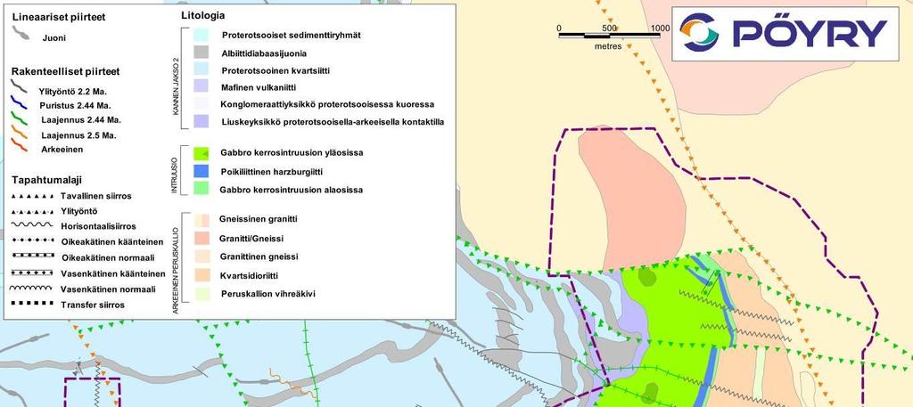 98 Kuva 7-7. Selvitysalueen kallioperä ja kallioperän rakenteet. 7.6 Pohjavedet 7.6.1 Pohjavesialueet Varsinaisella hankealueella ei ole luokiteltuja pohjavesialueita.