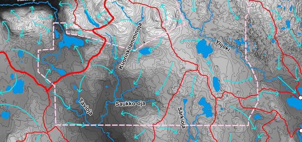 Pohjavedenjakajat ja pohjaveden virtaussuunnat selvitysalueella.