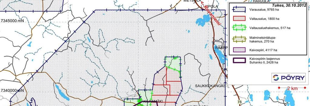 sisältyy tähän YVA-menettelyyn ja sille tullaan hakemaan erikseen malminetsintälupaa ja myöhemmässä vaiheessa kaivospiiriä. Alueet on esitetty kartalla (Kuva 3-2). 25 Kuva 3-2.