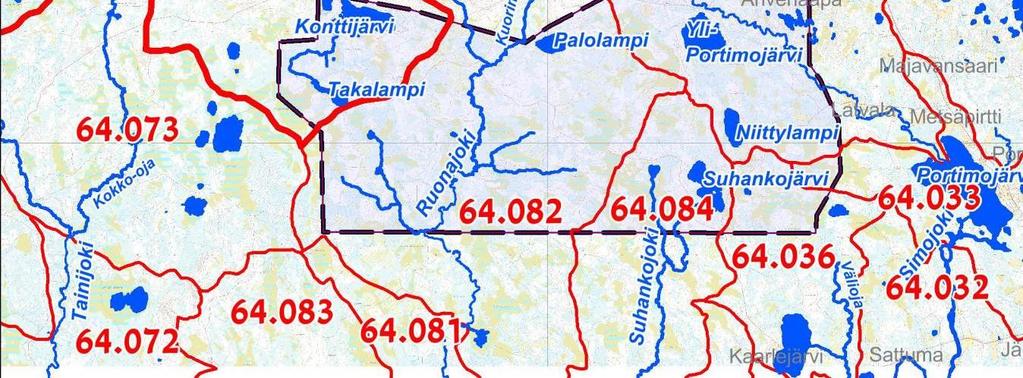 084), Portimojärven - Toljanjärven (64.033) ja Ali Konttijoen (65.179) valuma-alueilla. Valuma-alueet sekä suurimmat joet ja järvet on esitetty kuvassa (Kuva 7-3). Kuva 7-3.