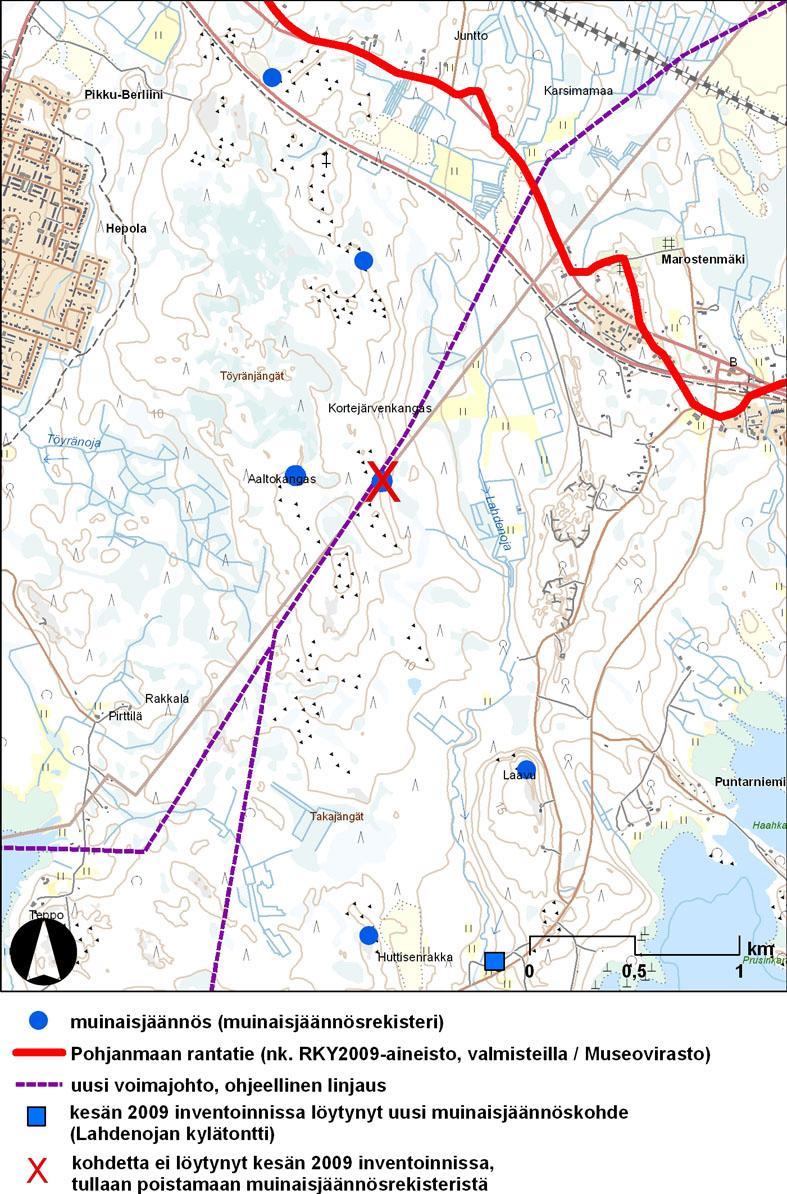 37 Kuva 19. Karttaote Karsikkoniemen pohjoisosasta: muinaisjäännökset (Museovirasto 2008, arkeologinen inventointi 2009) ja Pohjanmaan rantatie (Museoviraston valmisteilla oleva nk.