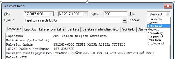 Tapahtuman tila Merkitse toteutuneeksi hyväksytyt lähetteet ja tapahtuneet käynnit sekä hoitojaksot!