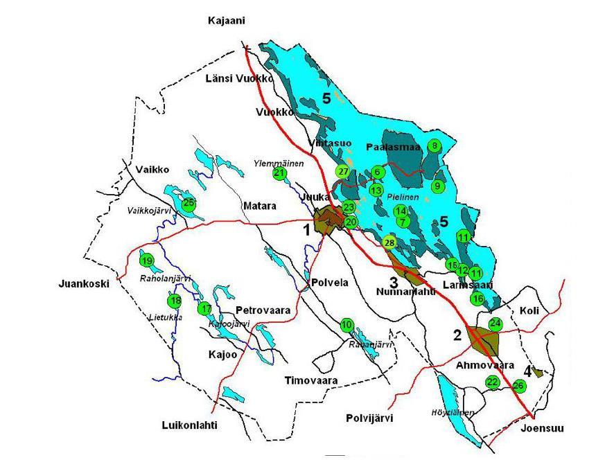 JUUKA, KAAVA-ALUEET 1. kirkonkylä, oyk, asemakaava 2. Ahmovaara, oyk 3. Nunnanlahti, oyk, asemakaava 4. Napakallio, oyk 5. Pielinen, rantaoyk 6. Karhusaari, rantakaava 7. Kovero, rantakaava 8.