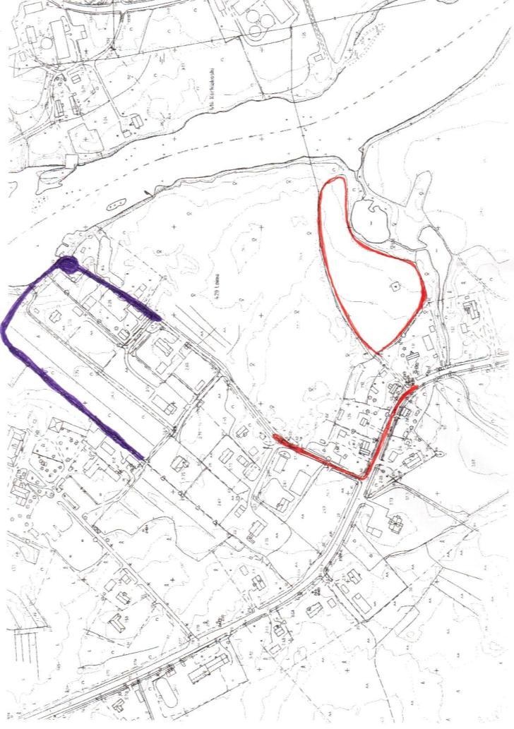 19 Kartta 3: Lepakoiden käyttämät saalistusalueet Punaisella on merkitty pohjanlepakoiden käyttämät saalistusreitit ja violetilla on merkitty viiksisiippojen käyttämät saalistusalueet ja reitit.
