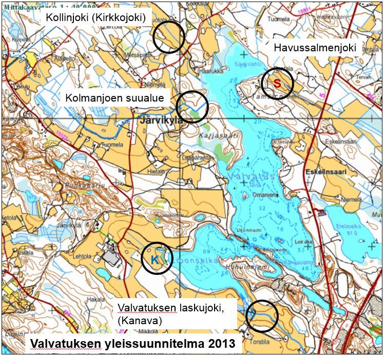 Järvikylän alueella on olemassa kosteikko, merkintä K ja Havussalmen alueelle (s) on tehty yksityiskohtaisempi kosteikkosuunnitelma.