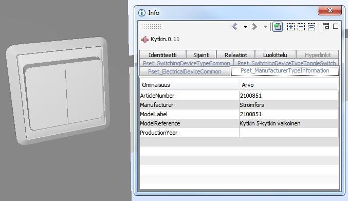 20 KUVA 8. Solibri Model Viewerin tuotetietoikkuna MagiCADissa tuotetietojen syöttäminen tehdään täyttämällä symbolin ominaisuuksista tuotetiedoille varatut tyhjät kentät.