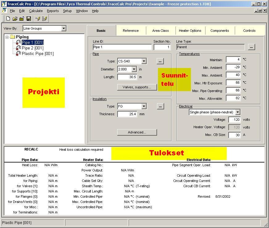 38 KUVA 20. TraceCalc Pro 2 perusnäkymä (Hyvönen, 2007) Suunnitteluikkunassa määritellään kaikki tiedot, jotka vaikuttavat saattolämmityskaapelin valintaan.