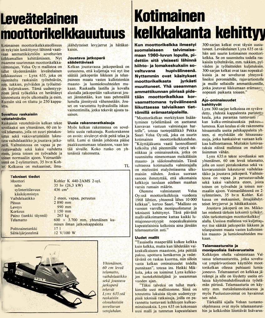 Malli: Vuosi: Telamatto Camoplast Lehtiartikkeli: Hankkija, Saroilta, joulukuu 1976