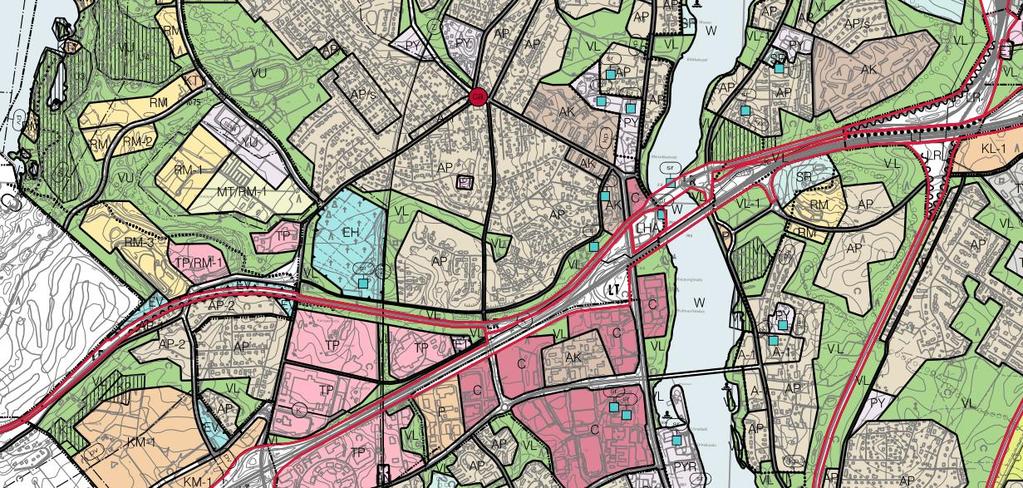 Kuva 4. Ote ajantasaisesta Imatran yleiskaavojen yhdistelmästä. Imatralla suunnittelualuealue sijaitsee kolmen eri oikeusvaikutteisen yleiskaavan alueella.