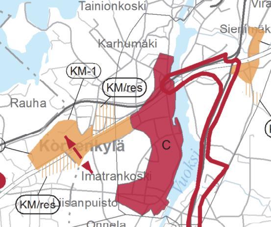 Kuva 7. Ote Etelä-Karjalan 1. vaihemaakuntakaavasta (Etelä-Karjalan maakuntaliitto 2015). Etelä-Karjalan 1. vaihemaakuntakaavassa rata on merkitty Imatran rautatieaseman kohdalta idän suuntaan liikenteen ja logistiikan kehittämisen kohdealueeksi (llk).