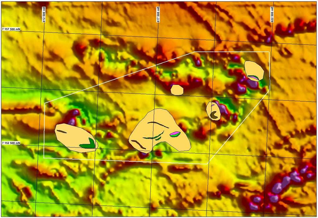 Kuva 6. Kallioperäkartoitus havaintojen perusteella tehty kallioperäkarttatulkinta Riihilammen ympäristöstä. Projektio ETRS TM-35FIN. 2500x2500m ruudukko. Fig 6.
