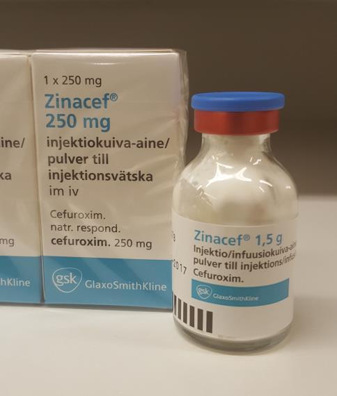 Kefuroksiimi (Zinacef 250 mg ja 1,5 g) Käyttökuntoon saattaminen 250 mg Liuotin : vesi lihakseen (1 ml - suspensio) infuusio/bolus (>2 ml) 1,5 g Liuotin : vesi