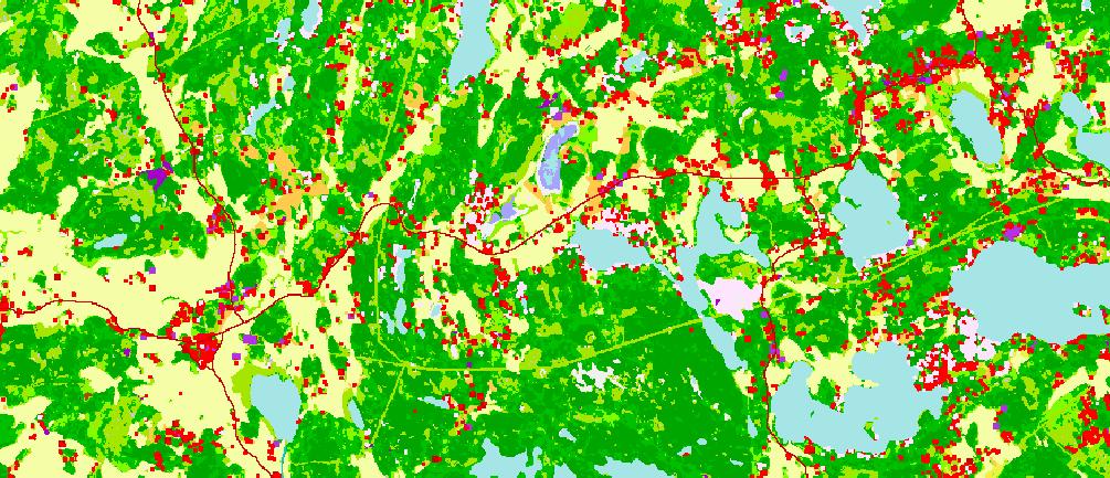 Karhujärven valuma alueen maankäyttö, mittakaava 1 : 135 000. Luvat SYKE, Maanmittauslaitos (lupa 7/MYY/07), Genimap Oy (lupa L4659/02) ja SYKE osittain (MMM, MML ja VRK).