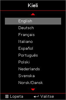 KÄYTTÄJÄN OHJAIMET Setup / Options / Kieli Kieli Valitse monikielinen näyttövalikko.