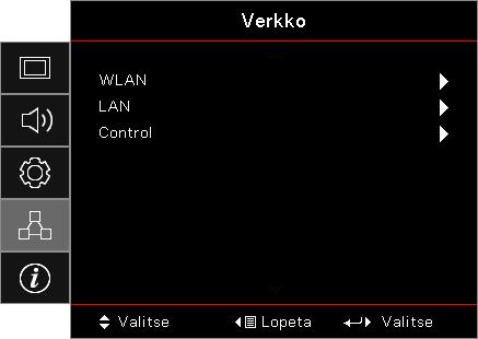 Verkko (Enter) -painiketta WLAN WLANs: Pois/Päälle Verkon tilas: Vain luku. MAC-osoites: Vain luku.