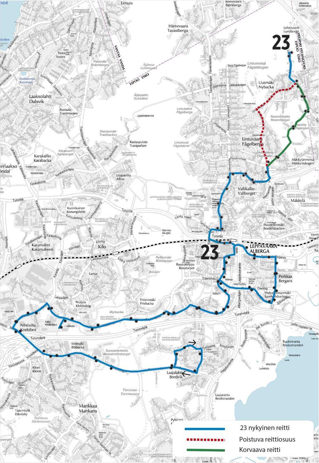 18 Linja E23 Linjan 23 reittivariantit Leppävaaran ja Uusmäen välille yhdistetään syysliikenteen alkaessa kulkemaan Painiityn kautta.