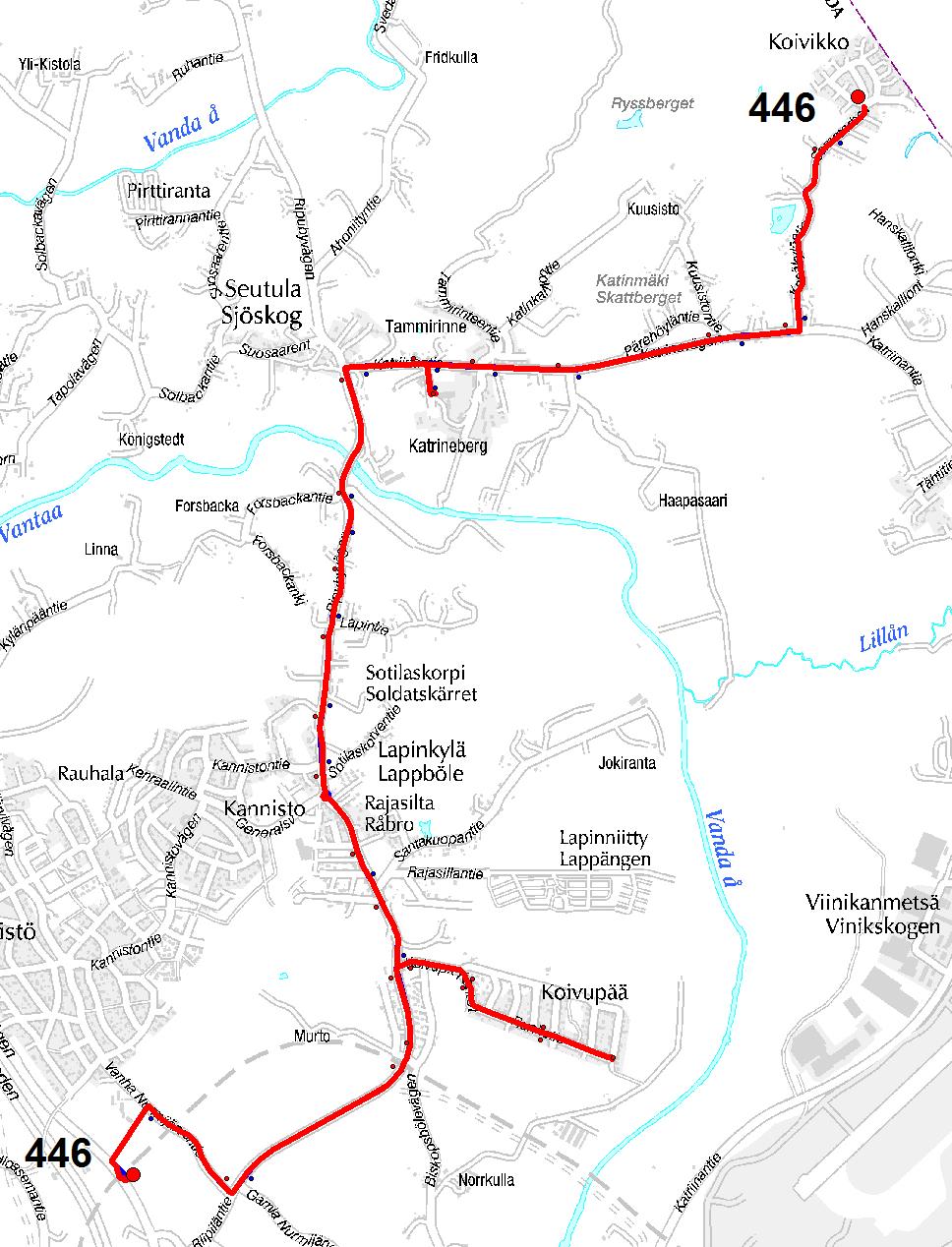28 Kuva 20. Uuden linjan 446 reitti. Linjat V2 ja V48 Linjan 2 reitti muuttuu kulkemaan Vehkalan aseman kautta. Samalla reitti kulkee myös aiempaa lähempää Vantaankosken koulua.
