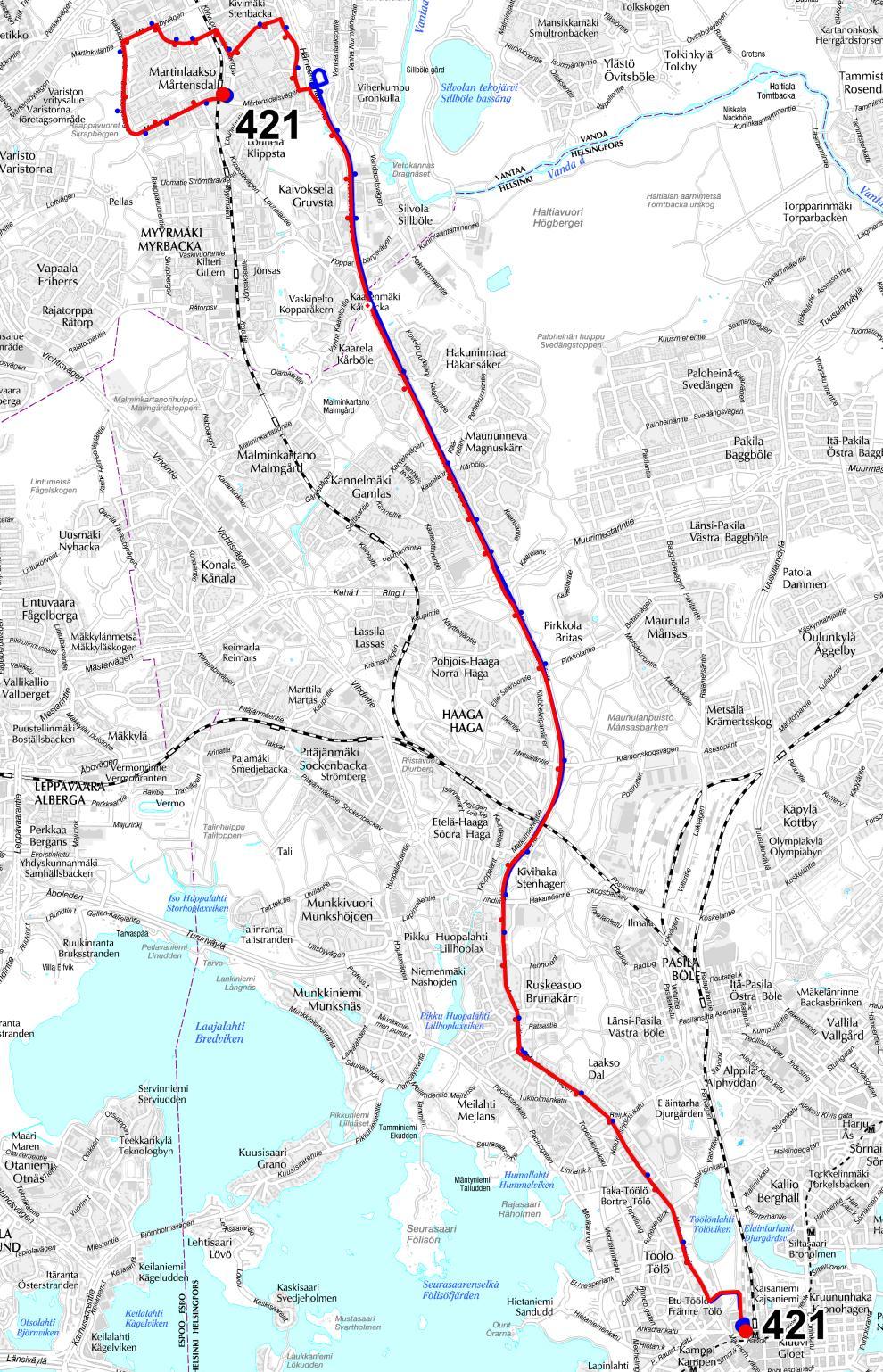 53 Kuva 54. Uuden linjan 421 reitti. Linjat 431 ja 474 Linjan 474 uusi linjanumero on 431. Linjan reitti katkaistaan Kivistön asemalle.