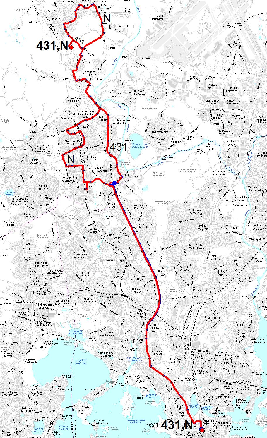 54 Kuva 55. Uuden linjan 431 reitti. Linjat 510 ja 510B Linjan 510 tarjontaa tihennetään syysliikenteen 2015 alussa ruuhka-aikaan 8-10 minuutin vuorovälille.