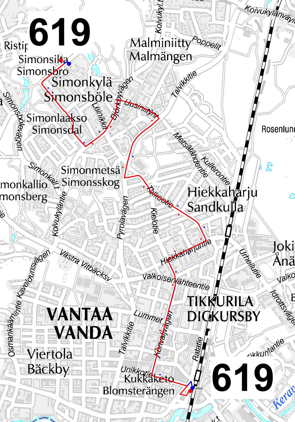 61 Kuva 62. Uuden linjan 619 reitti. Linjat 612, 613, 621 ja 622 Linjojen 612 ja 613 uudet linjanumerot ovat 621 ja 622. Linjojen Helsingin puoleinen päätepysäkki siirtyy Rautatientorilta Hakaniemeen.