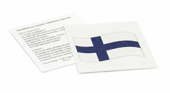 2000 kpl à 0,83 1000 kpl à 0,99 500 kpl à 1,32 Suomipinssi Hopeisilla reunuksilla kehystetty liehuva suomenlippupinssi perhoskiinnikkeellä. Koko: leveys 19 mm.