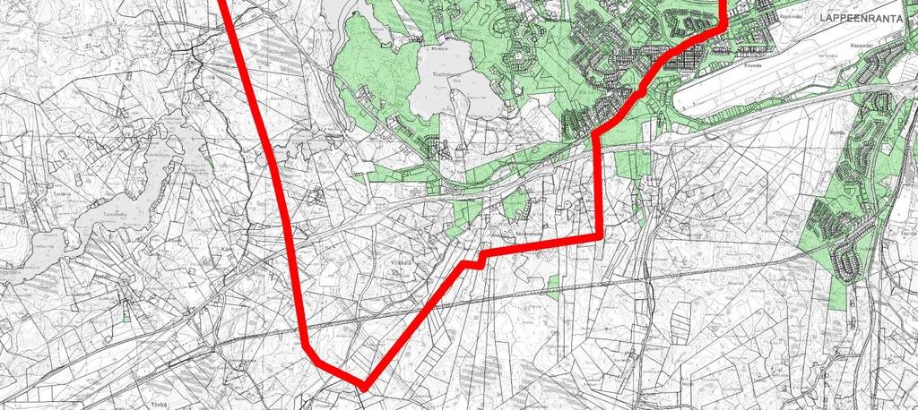 Lappeenrannan kaupungin omistamat maat on merkitty vihreällä ja kiinteistörajat mustalla. Suunnittelualue on rajattu karttaan punaisella. 5 KAAVOITUSTILANNE JA MUUT SUUNNITELMAT 5.