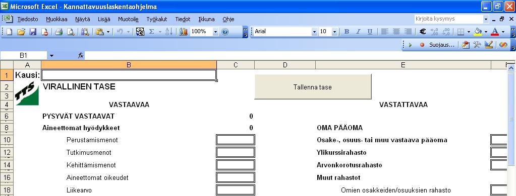 Kun olet syöttänyt kaikki tuloslaskelmasta löytyvät luvut ohjelmaan, napsauta hiiren vasemmalla näppäimellä Tallenna tuloslaskelma - nappia taulukon yläosassa (kts. Kuva 4).