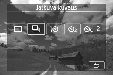i Jatkuva kuvaus Voit kuvata jopa 4,3 kuvaa sekunnissa (s. 134). Tämä sopii esimerkiksi tilanteisiin, joissa lapsi kävelee sinua kohti ja haluat tallentaa eri ilmeet. 1 Paina <Wj/i>-painiketta.