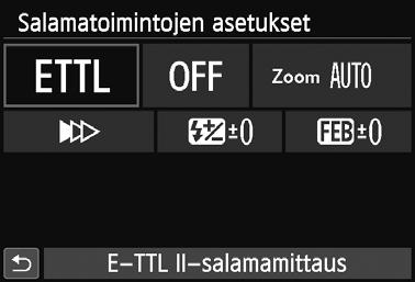 Esimerkkinäyttö [Salamatoimintojen asetukset]-toiminnot Toiminto Sivu Salamatoiminto 223 Suljintäsmäys 223 FEB* Langattomat toiminnot 223 Kanava Välähdysryhmä Salamavalotuksen korjaus 154