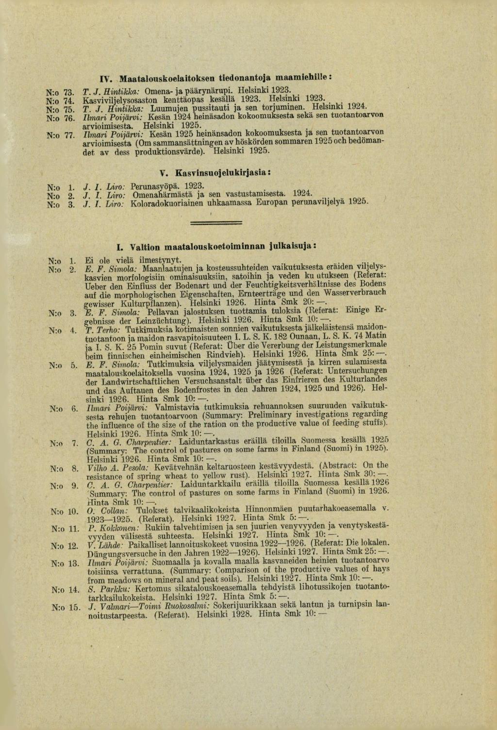 rcr Maatalouskoelaitoksen tiedonantoja maamiehille: N:o 73. T. J. Hintikka: Omena- ja päärynärupi. Helsinki 1923. N:o 74. Kasviviljelysosaston kenttäopas kesällä 1923. Helsinki 1923. N:o 75. T. J. Hintikka: Luumujen pussitauti ja sen torjuminen.