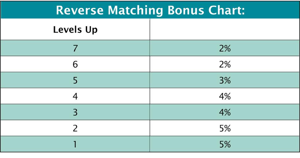 4) Käänteinen matching-bonus Maksetaan verkostobonuksesta, jonka on ansainnut LEOn jäsenen ylälinja. Käänteinen matching-bonus on 25 % ylälinjan verkostobonuksesta seitsemän tasoa ylöspäin.