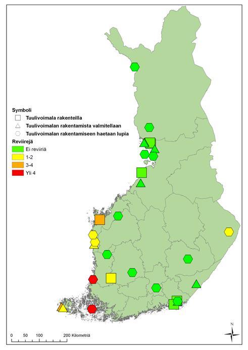 Tulokset Toteutuvat tuulivoimahankkeet Vuoden 2011 keväällä toteutuvia hankkeita oli 32 ja niistä 10 sijaitsi alle 10 kilometrin päässä merikotkan pesästä.