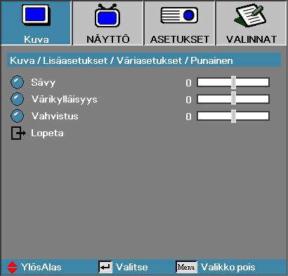 Käyttäjän ohjaimet Kuva Lisäasetukset Väriasetukset Väriasetukset (valkoista lukuun ottamatta) Valitse väri painamalla -painikkeita ja säädä sävyä