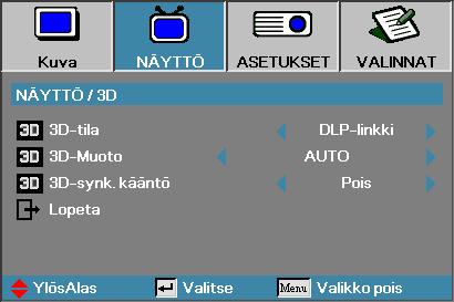 NÄYTTÖ 3D Käyttäjän ohjaimet vinfrapunavalinnat voivat vaihdella mallin mukaan. v 3D-. synkronoinnin kääntö on käytettävissä.