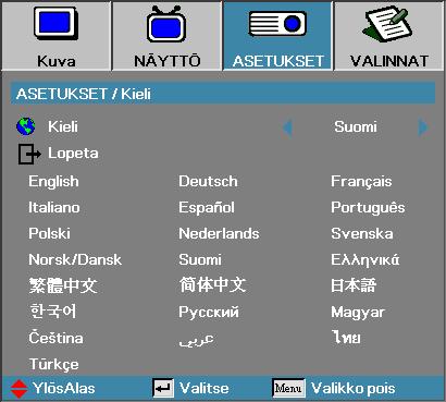 Käyttäjän ohjaimet ASETUKSET Kieli Kieli Valitse monikielinen näyttövalikko.