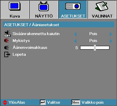 Käyttäjän ohjaimet ASETUKSET Ääniasetukset Sisäänrakennettu kaiutin Mykistys Pois - kytke sisäänrakennettu kaiutin pois päältä. Päälle - kytke sisäänrakennettu kaiutin päälle.