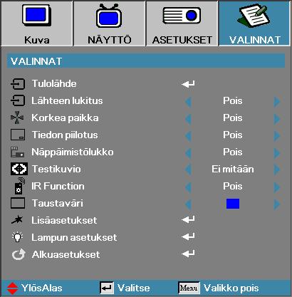 Käyttäjän ohjaimet VALINNAT Lisäasetukset Siirry Lisäasetukset-valikkoon. Katso lisätietoja sivulla 46.