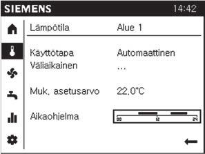Lämmityskäytön asetusarvoja pääset muuttamaan - valikosta. Huonelämpötilan muutos: Huonelämpötilan muutos tehdään kohdasta Muk. asetusarvo. Aikaohjelma: Käytä aikaohjelmaa pudottaaksesi lämpötilaa kun olet poissa kotoa, lomalla, tai esim.