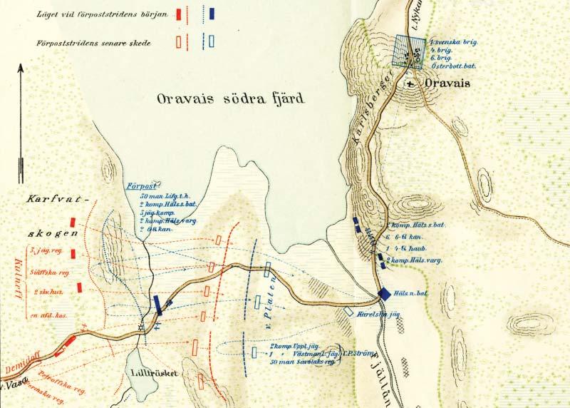 Oravaisten taistelu oli 14. syyskuuta 1808. Kartasta näkyy strategisesti suotuisa paikka, johon ruotsalaiset joukot olivat päättäneet linnoittautua.