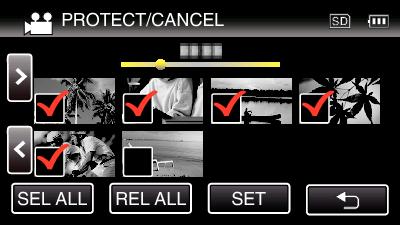 Muokkaus Valittujen tiedostojen suojaus tai suojauksen poisto Suojaa valitut tiedostot tai poistaa suojauksen. 1 Avaa LCD-monitori. 6 Kytke suojaus päälle tai pois koskettamalla tiedostoja.