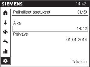 13 LAITOSKOHTAINEN ASET- TELU 13.1 Kellonaika ja päivämäärä Säätimessä on vuosikello, jossa on kellonaika, viikonpäivä ja päivämäärä.