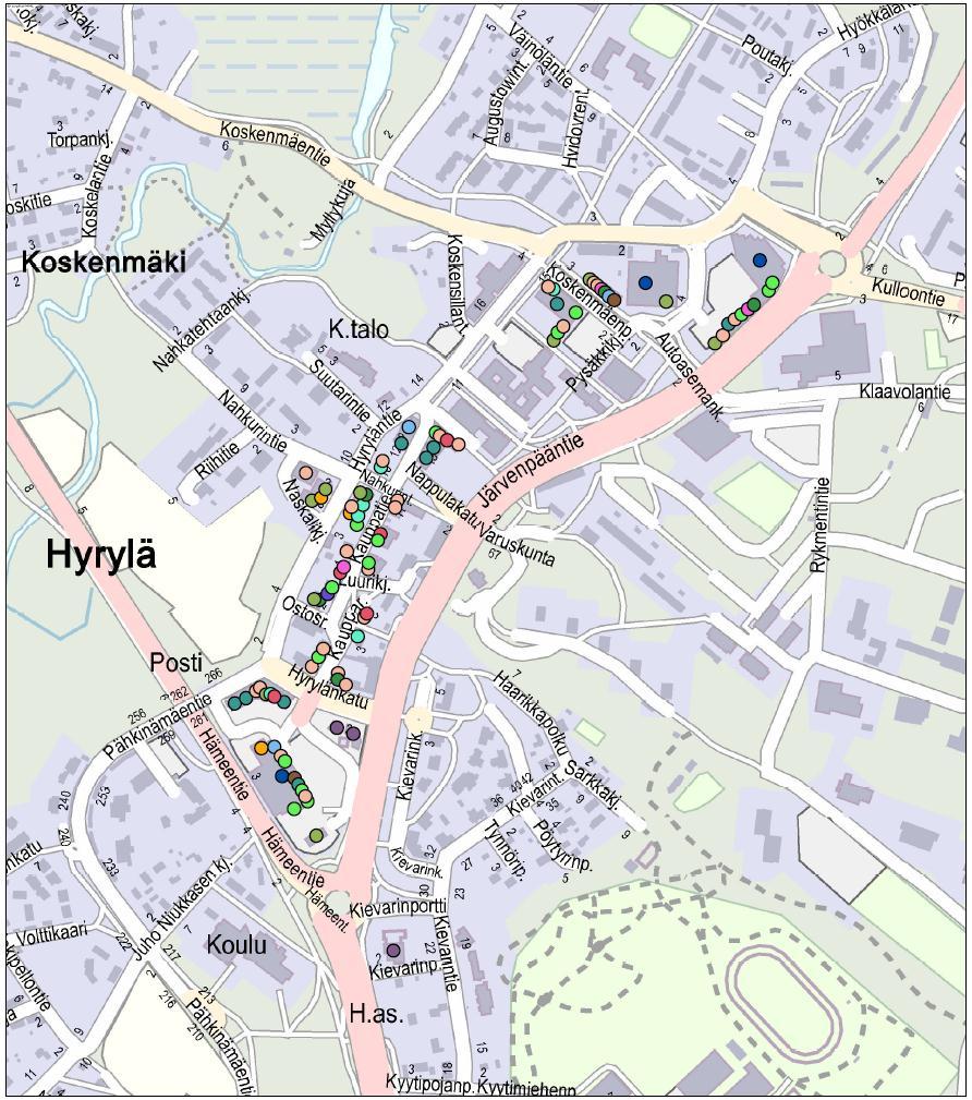 13 Pt-ankkurit Julkisia palveluita Pt-ankkuri Kuva 8 Vähittäiskaupan liiketilat Hyrylän ydinkeskustassa Vähittäiskaupan ja kaupallisten palveluiden liiketilat Hyrylässä. Lähteet: Santasalo Ky 2011.