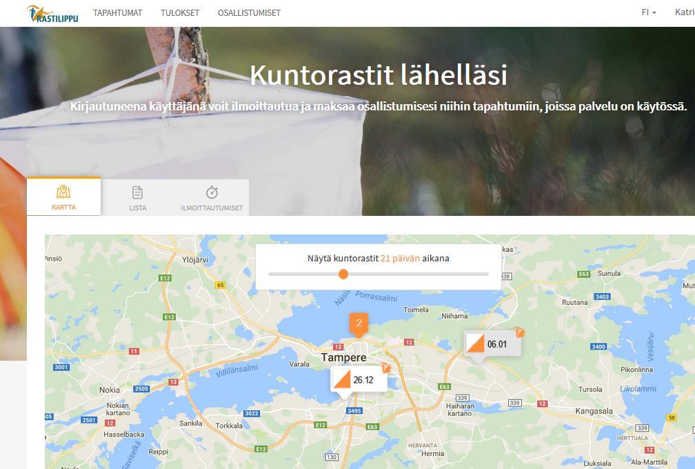2. Selaa tapahtumia Salli laitteen paikannustiedot. Kartta zoomautuu oman olinpaikkasi lähelle. Voit siirrellä karttaa haluamaasi suuntaan ja laajentaa tai supistaa näkyvää aluetta.