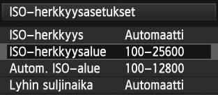 i: ISO-herkkyyden määrittäminenn 3 ISO-herkkyysalueen asettaminen Voit määrittää manuaalisesti asetettavan ISO-herkkyysalueen (vähimmäis- ja enimmäisrajan).