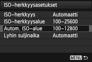 i: ISO-herkkyyden määrittäminenn 3 ISO-herkkyysalueen määrittäminen automaattiselle ISO-alueelle Automaattisen ISO-herkkyysalueen voi asettaa välille ISO 100 25600 automaattista ISO-aluetta varten.