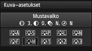 A Kuva-asetusten valitseminenn V Mustavalko Mustavalkokuvausta varten. Mustavalkoisia JPEG-kuvia ei voi muuntaa värillisiksi.