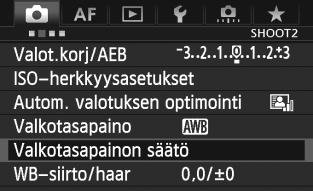 B: Valkotasapainon määrittäminenn O Valkotasapainon säätö Valkotasapainon säädöllä voit määrittää valkotasapainon manuaalisesti tietyn valonlähteen mukaan. Tee säätö kyseisen valonlähteen tuntumassa.