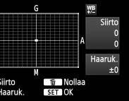 Valkotasapainon korjaus 1 Valitse [WB-siirto/haar]. Valitse [z2]-välilehdessä [WB-siirto/haar] ja paina sitten <0>-painiketta. Esimerkkiasetus: A2, G1 2 Määritä valkotasapainon korjaus.