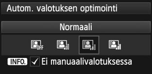 [Normaali] määritetään automaattisesti <A>-tilassa. 1 2 3 Valitse [Auto Lighting Optimizer/ Autom. valotuksen optimointi]. Valitse [z2]-välilehdestä [Auto Lighting Optimizer/Autom.
