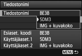 3 Tiedostonimen muuttaminen Asetukset 4 5 Poistu asetuksesta. Kirjoita tarvittava määrä aakkosnumeerisia merkkejä ja paina sitten <M>-painiketta.
